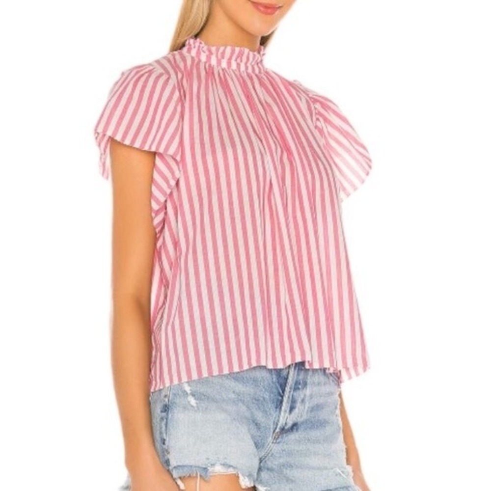 Trovata Birds of Paradis Carla Highneck Shirt Pink White Stripe Flutter Sleeve L